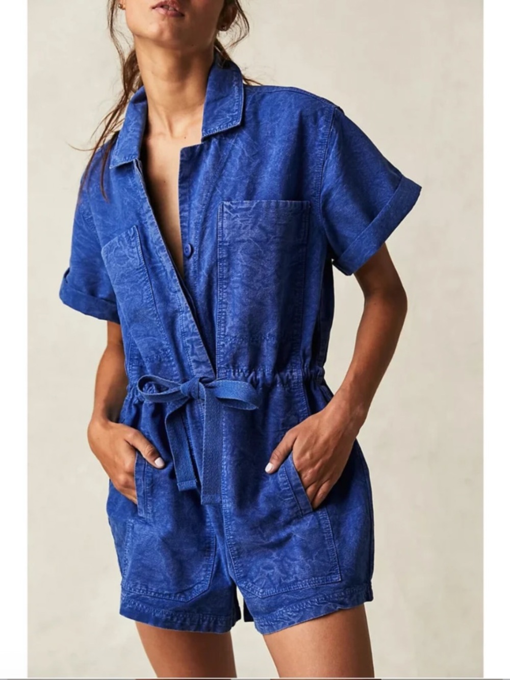 FREE PEOPLE Rhodes Chino Coveralls Romper in Mazarine Blue size Small